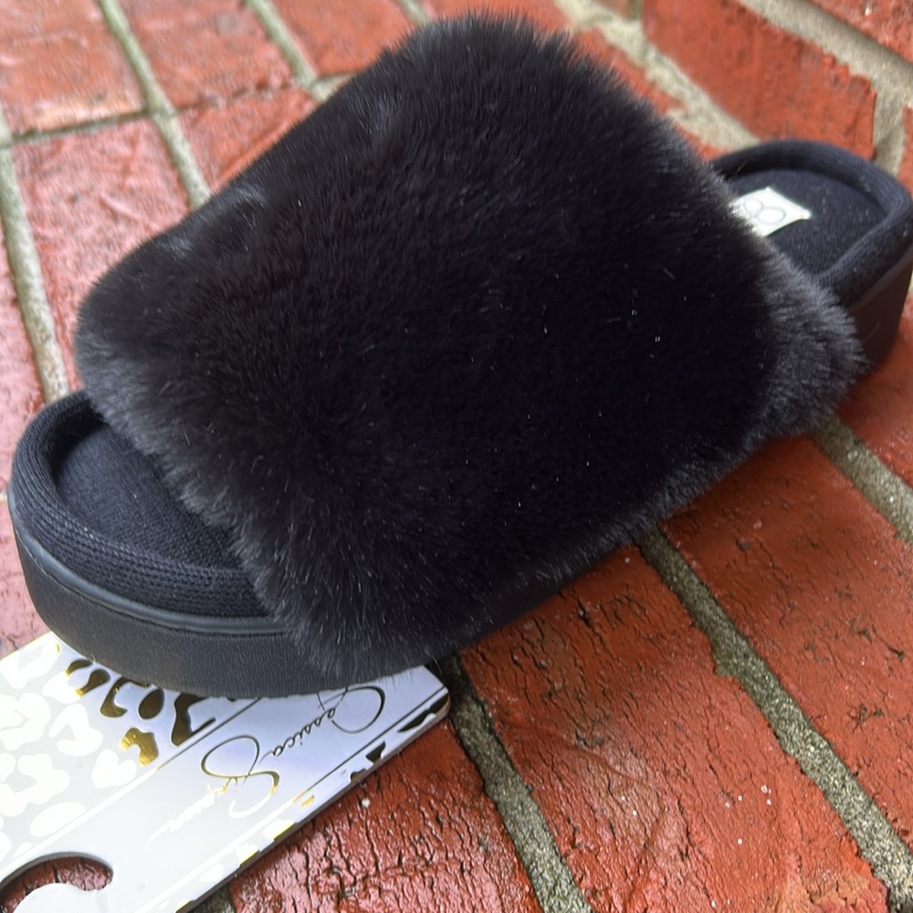 Jessica Simpson Black Plush Faux Fur Open Toe Platform Slip-On Ladies Slippers - Picture 5 of 9